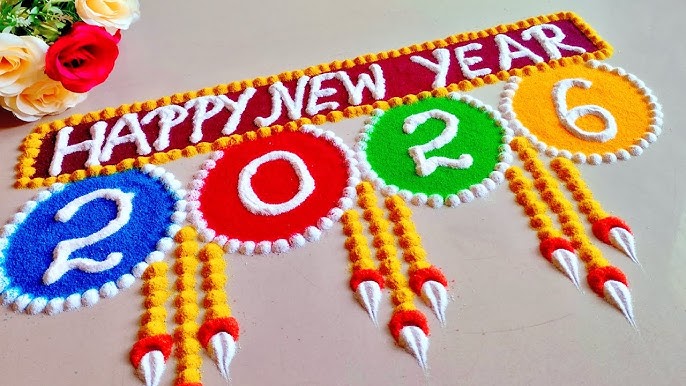 Happy New Year 2026 Diya Rangoli Design for Home Entrance