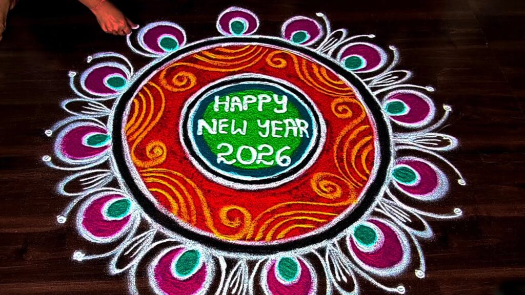 Happy New Year 2026 Diya Rangoli Design for Home Entrance